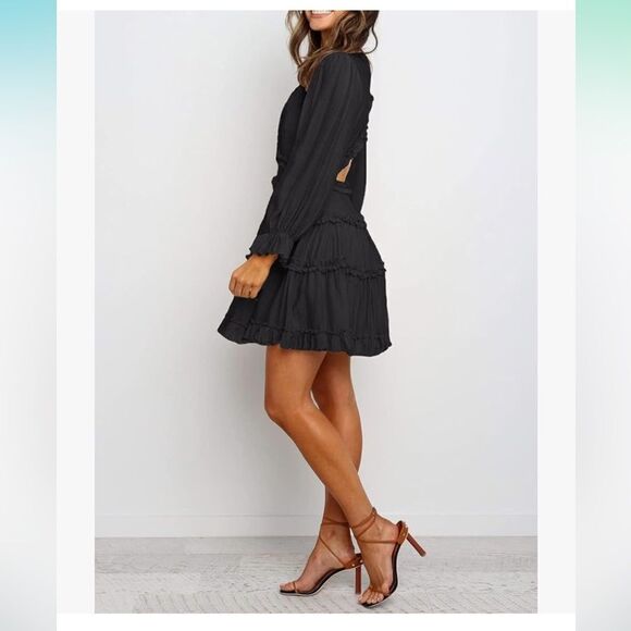 Womens Deep V Neck Ruffle Long Sleeve Floral Print Boho Mini Dress Large - Picture 3 of 7